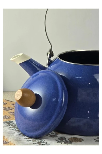 Vintage Ahşap Saplı Emaye Demlik Kettle 2,5Lt Mavi KR072-C - 2