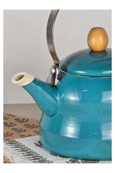 Vintage Ahşap Saplı Emaye Demlik Kettle 2,5Lt Turkuaz KR322-C - 3