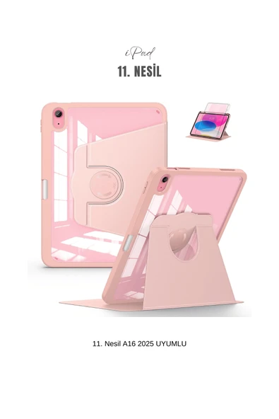 iPad 11. Nesil A16 2025 Uyumlu 360° Dönebilen Yatay Dikey Standlı Fuchsia Pino Tablet Kılıfı - Resim 9