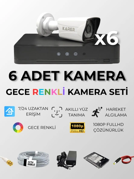 KARER 6'LI HER ŞEY DAHİL TAK ÇALIŞTIR HAZIR SET - 5MP LENSLİ, GECE RENKLİ GÖRÜŞ, YÜZ TANIMA, HAREKET ALGILAMA