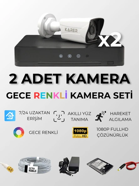 KARER 2'Lİ HER ŞEY DAHİL TAK ÇALIŞTIR HAZIR SET - 5MP LENSLİ, GECE RENKLİ GÖRÜŞ, YÜZ TANIMA, HAREKET ALGILAMA