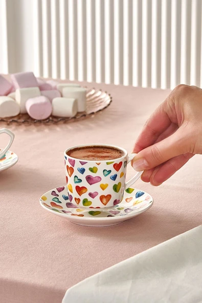 Karaca White Love 2 Kişilik Yuvarlak ve Kalp Desenli Kahve Fincanı 80 ml