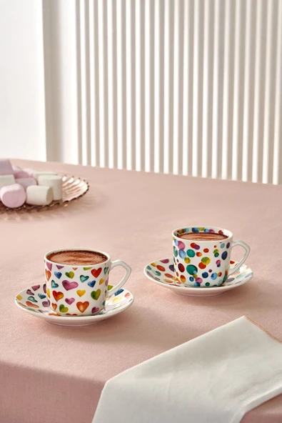 Karaca White Love 2 Kişilik Yuvarlak ve Kalp Desenli Kahve Fincanı 80 ml - 7