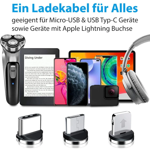 3'ü 1 arada şarj seti manyetik tak çıkar Apple iPhone iPod iPad Samsung modelleri lightning USB-C için şarj kablosu altın 2.4A 100cm - 6
