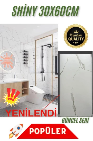 Shiny 60cmx30 Cm 1 Adet Parlak Beyaz Mermer Desenli Yapışkanlı Duvar Paneli Kağıdı Banyo Wc Döşeme