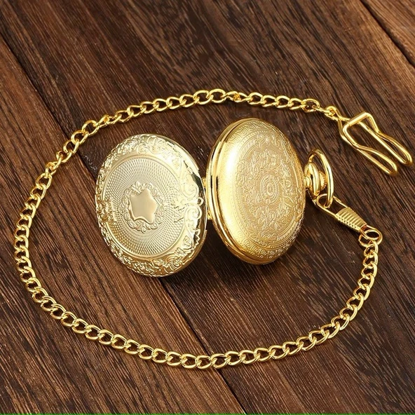 Gold Oymalı Desenli Lüx Zincirli Köstekli Cep Saati SL10720 - 3