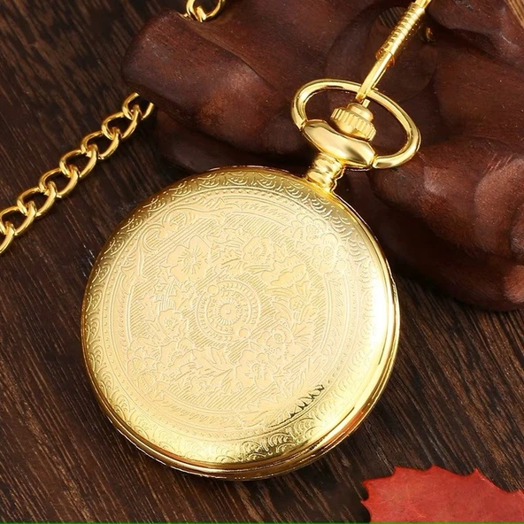 Gold Oymalı Desenli Lüx Zincirli Köstekli Cep Saati SL10720 - 5