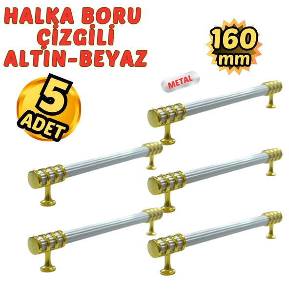5 Adet Metal Halka Çizgili Mobilya Çekmece Dolap Kulpu Altın-Beyaz 160mm