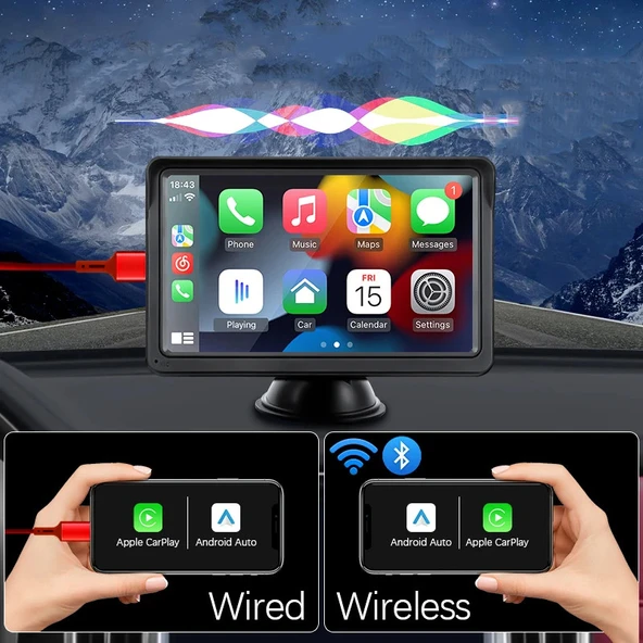 Monozone Carplay Apple-Android Auto Harici Ekran Tak Çalıştır Multimedya Kablosuz Oto Carplay 7inç - 7