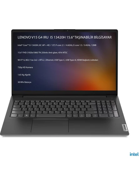Lenovo V15 Gen 4 Iru Intel Core I5 13420H 12 GB 512 GB SSD Windows 11 Pro 15.6" Fhd Taşınabilir Bilgisayar 83A10096TRM3