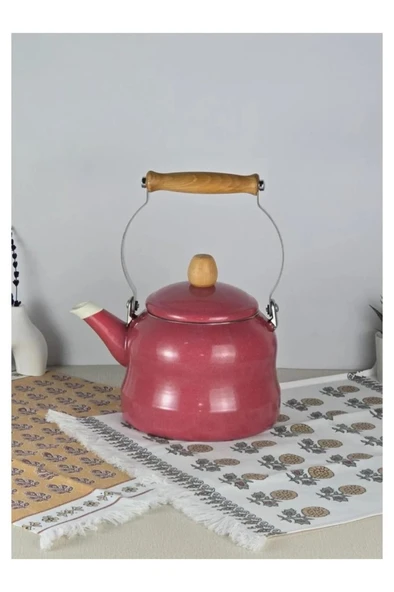 Vintage Ahşap Saplı Emaye Demlik Kettle 2,5Lt Kırmızı KR179-C