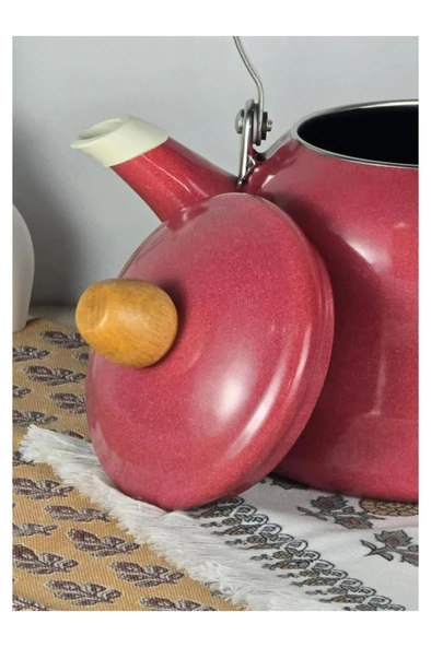 Vintage Ahşap Saplı Emaye Demlik Kettle 2,5Lt Kırmızı KR179-C - 4