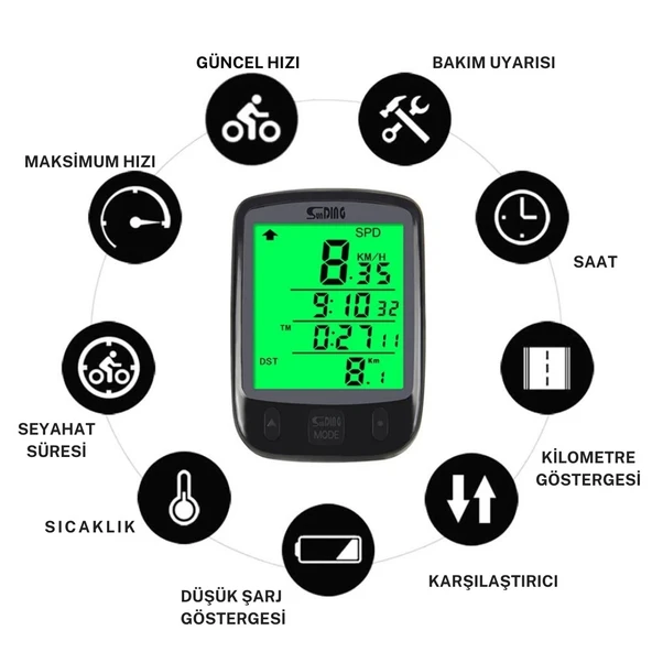 Monozone Sunding Km Sayacı Işıklı LCD Ekran Çok Fonksiyonlu Hız Göstergeli Bisiklet Bilgisayarı - 6