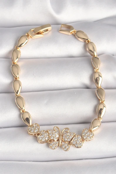 Pirinç Gold Renk Zirkon Taşlı Kelebek Figür Damla Zincir Model Kadın Bileklik - TJ-BB6840