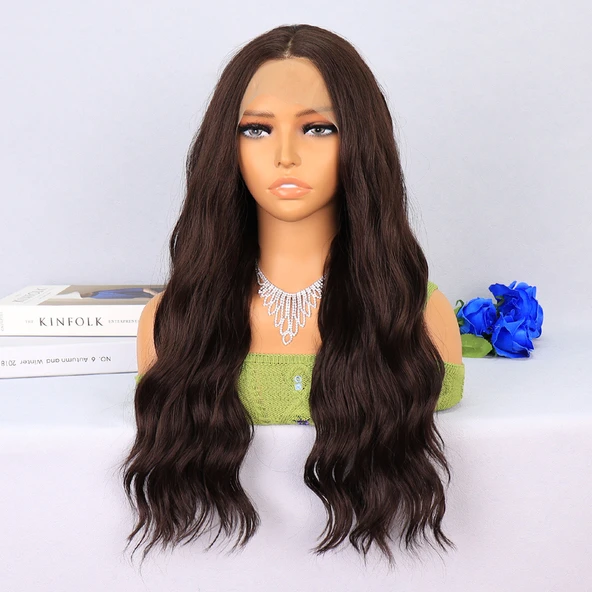 Koyu Kahverengi Dalgalı Tül Peruk - Resim 3