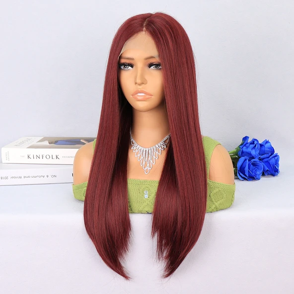 Koyu Kızıl Orta Boy Düz Tül Peruk - Resim 3