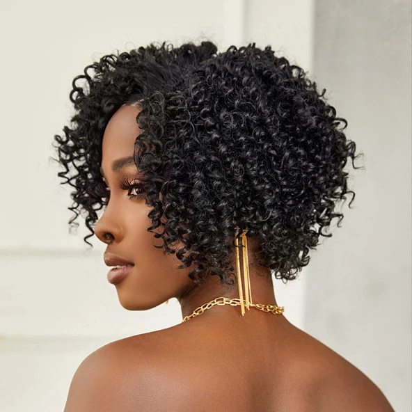 Siyah Kısa Afro Yan Tül Peruk - Resim 4