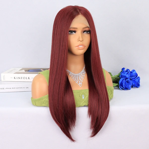 Koyu Kızıl Orta Boy Düz Tül Peruk - Resim 2