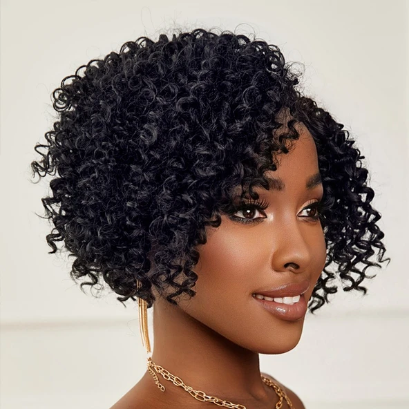 Siyah Kısa Afro Yan Tül Peruk - Resim 2