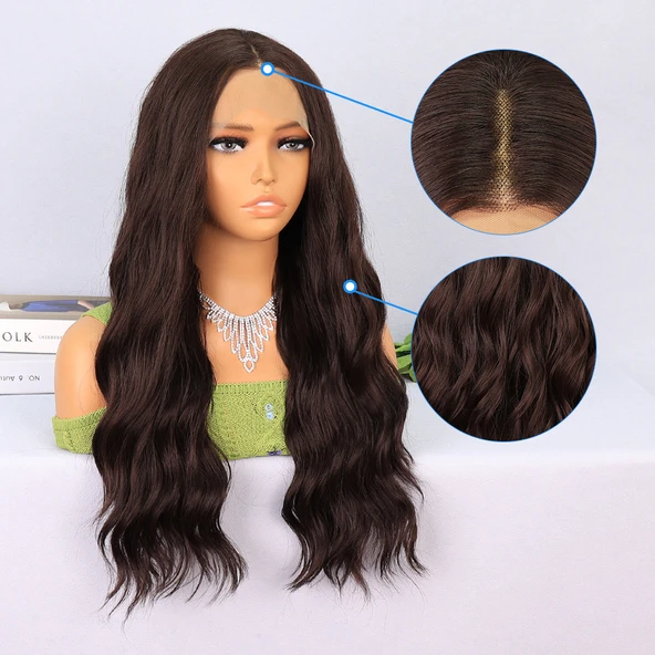 Koyu Kahverengi Dalgalı Tül Peruk - Resim 5