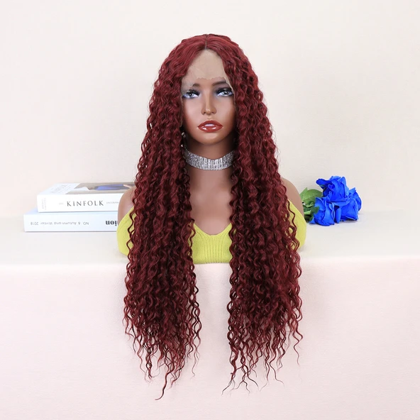 Kızıl Kahve Uzun Kıvırcık Dalgalı Fiber Sentetik Tül Peruk ürün görseli