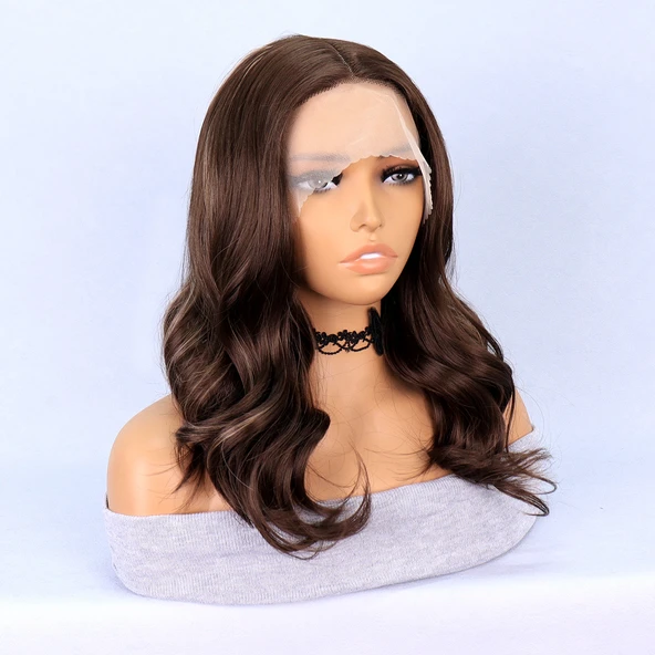 Koyu Kumral Platin Işıltılı Tül Peruk - Resim 2