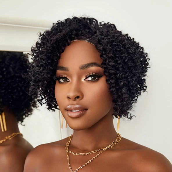 Siyah Kısa Afro Yan Tül Peruk - Resim 5