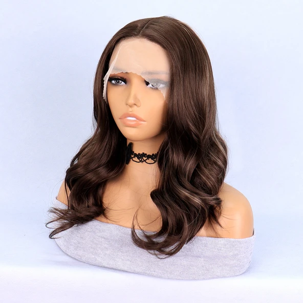 Koyu Kumral Platin Işıltılı Tül Peruk - Resim 3