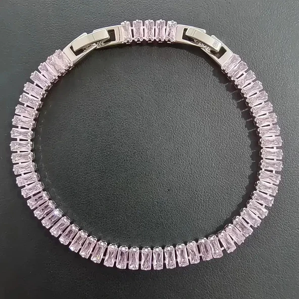 Gümüş Renk Antialerjik Pembe Taşlarla Süslenmiş Şık Bijuteri Bileklik Modern, Zarif Tasarım(1 Adet) - Resim 2