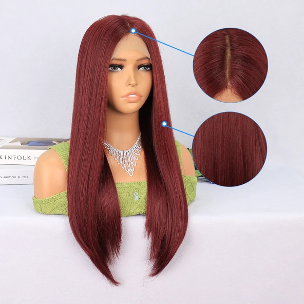 Koyu Kızıl Orta Boy Düz Tül Peruk - Resim 4