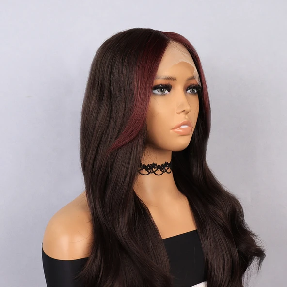 Kahverengi Perçemler Kızıl Işıltılı Tül Peruk - Resim 4