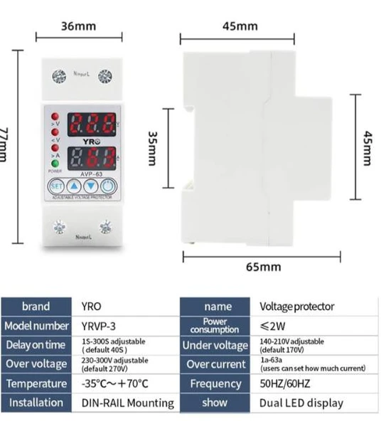 YR YRVP-3 Yüksek ve Düşük Voltaj Akım Koruma Sigortası 230V 40A - Resim 2
