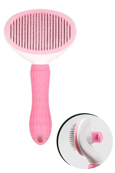 Kedi Köpek Tüy Toplayıcı Kendini Temizleyebilen Ergonomik Saplı Evcil Hayvan Tarağı Pembe - 6