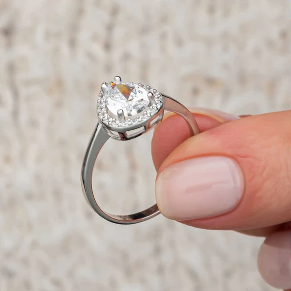 Gümüş Beyaz Zirkon Taşlı Damla Kadın Yüzük  SL10719 - Resim 10