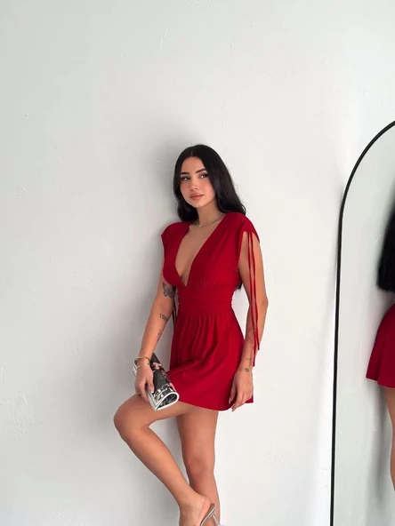 Omuzu ip Askılı Şortlu Elbise - Kırmızı