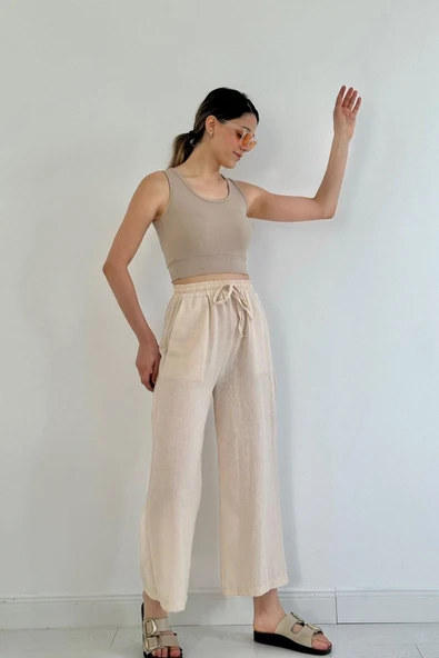 Bej Keten Pantolon