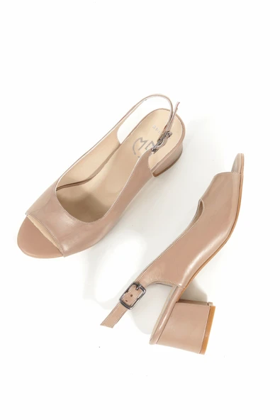 Jessi Vizon Renk Hakiki Deri Sandalet Kısa Kalın Topuklu Günlük Ayakkabı - 3