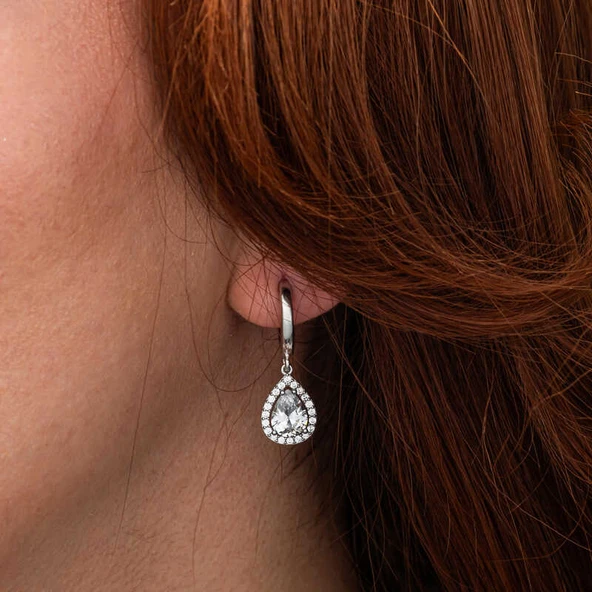 Gümüş Beyaz Zirkon Taşlı Damla Kadın Set  SL10715 - Resim 4