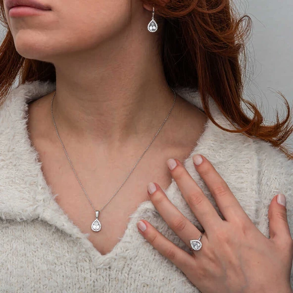 Gümüş Beyaz Zirkon Taşlı Damla Kadın Set  SL10715 - Resim 2