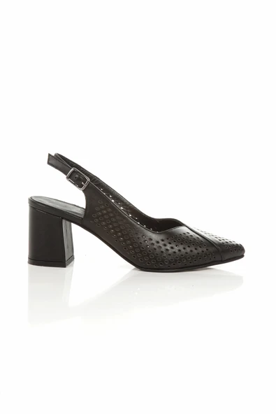 Kenti Siyah Hakiki Deri Stiletto Kalın Topuklu Yazlık Delikli Ayakkabı - 4
