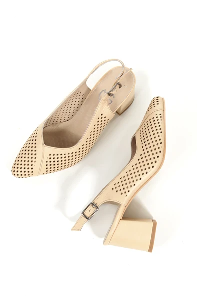 Kenti Bej Rengi Hakiki Deri Stiletto Kalın Topuklu Yazlık Delikli Ayakkabı - Resim 3
