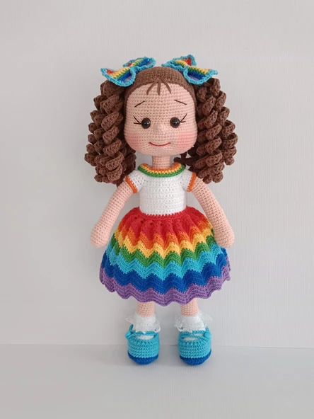 Gökkuşağı Kıvırcık Saçlı Mavi Ayakkabılı Karnaval Bebek Amigurumi Organik Oyuncak - 1
