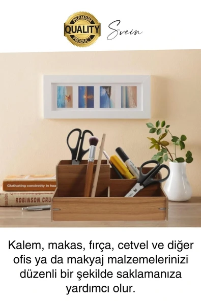 Özel Üretim 4 Bölmeli Masa Üstü Ahşap Kalem Kağıt Ataş Takı Organizeri Düzenleyici Kutu Ofis Masası - 3