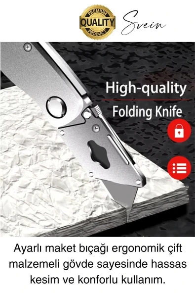 Premium Katlanır Dayanıklı Halı Maket Bıçağı Alçıpan Kesme Falçata Yedek Bıçaklı Çelik Çakı Tipi - 2