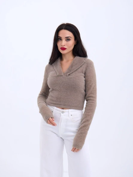 42531 TRİKO SİMLİ YAKALI CROP-KAHVE