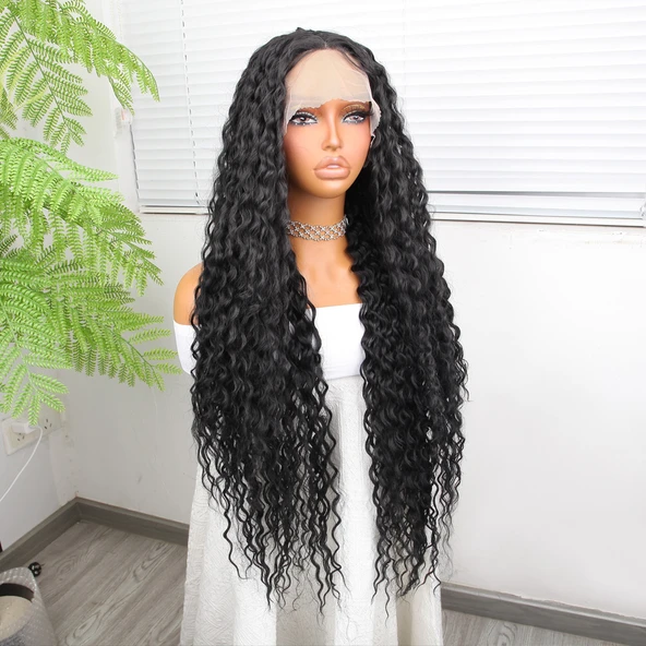 Afro Dalga Siyah Fiber Sentetik Tül Peruk - 2