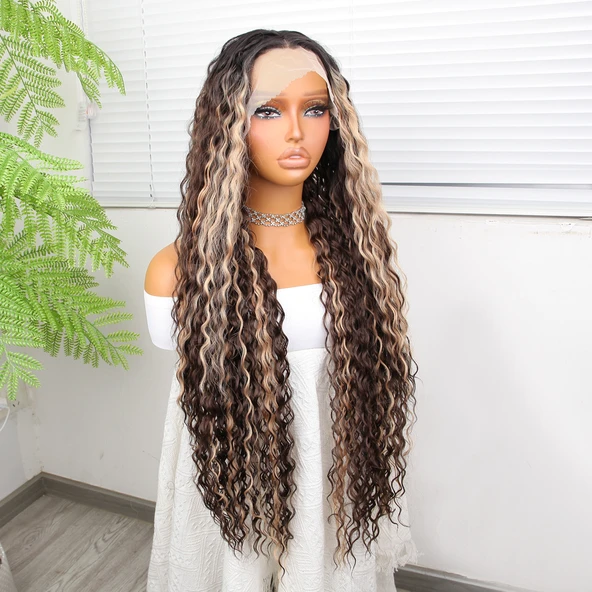 Afro Dalga Doğal Çikolata Kahve Ombreli Işıltılı Fiber Sentetik Tül Peruk - 2