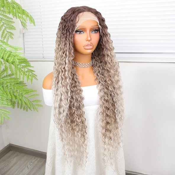 Afro Dalga Rus Kumralı Beyaz Platin Ombreli Işıltılı Fiber Sentetik Tül Peruk - Resim 2