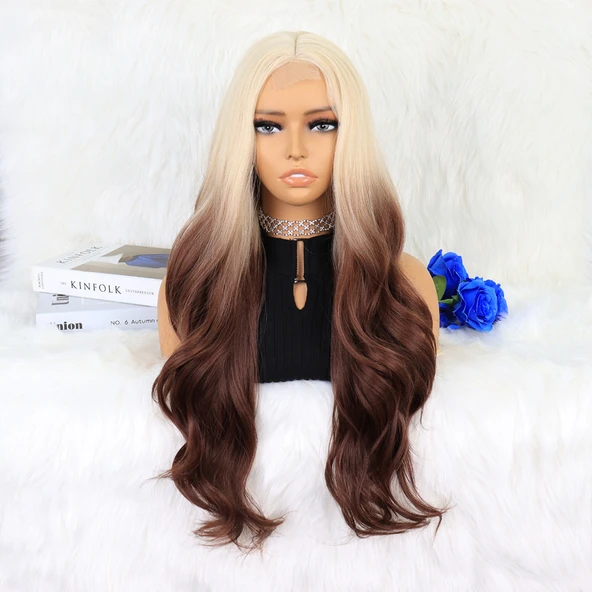 Platin Çikolata Kahve Ombreli Uzun Dalgalı Tül Peruk - 6