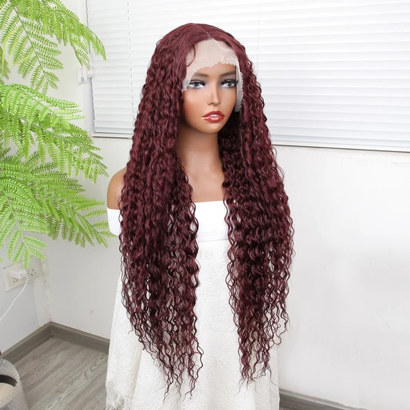 Afro Dalga Kızıl Kahve Fiber Sentetik Tül Peruk - Resim 2